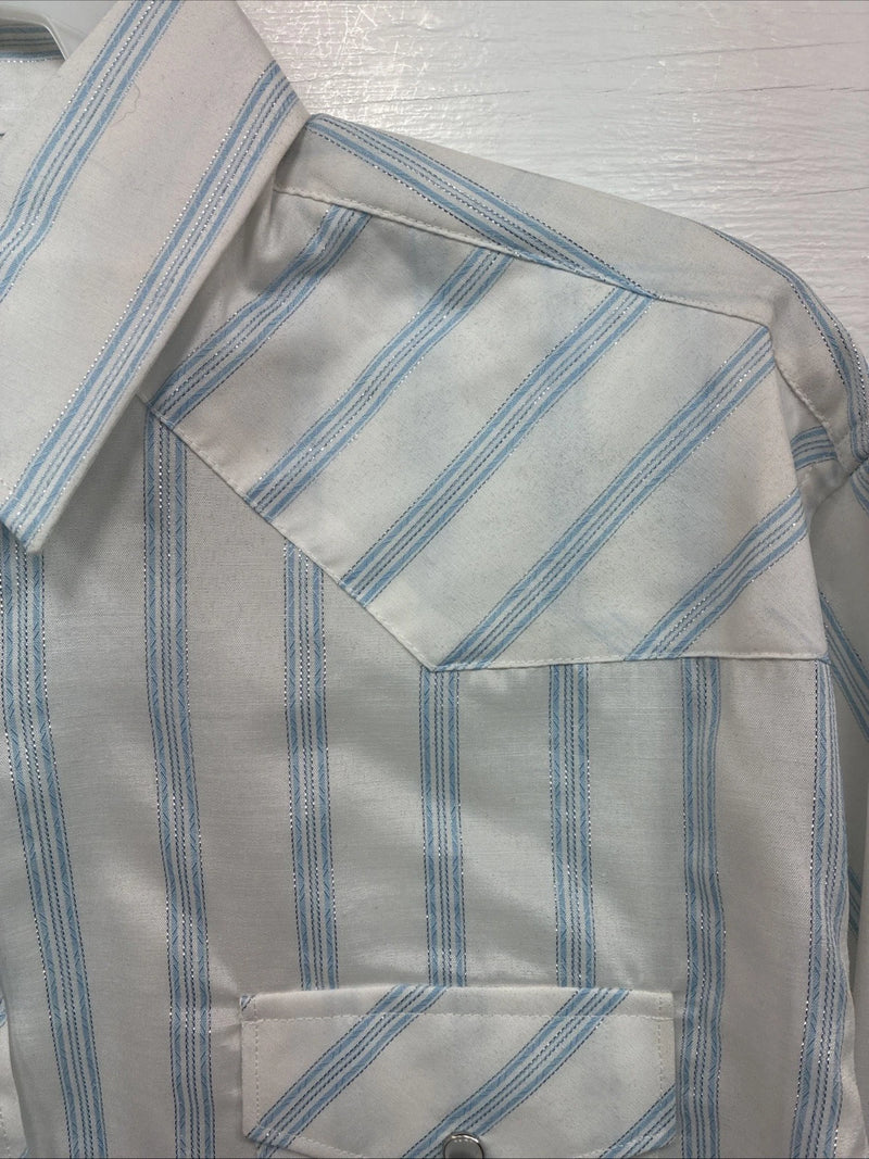 New Womens White Horse White Blue Stripe Long Sleeve Pearl Snap Large V-69