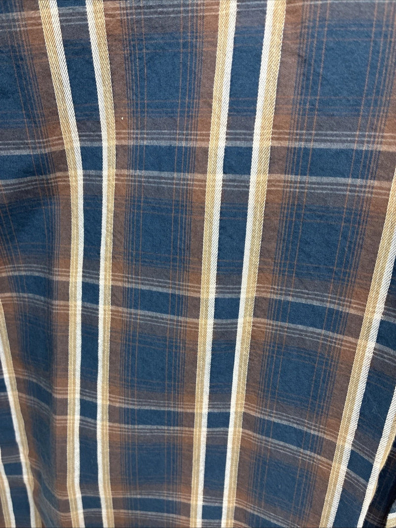 New Men’s ELY 1878 Blue Brown Plaid Long Sleeve Pearl Snap XL T-35