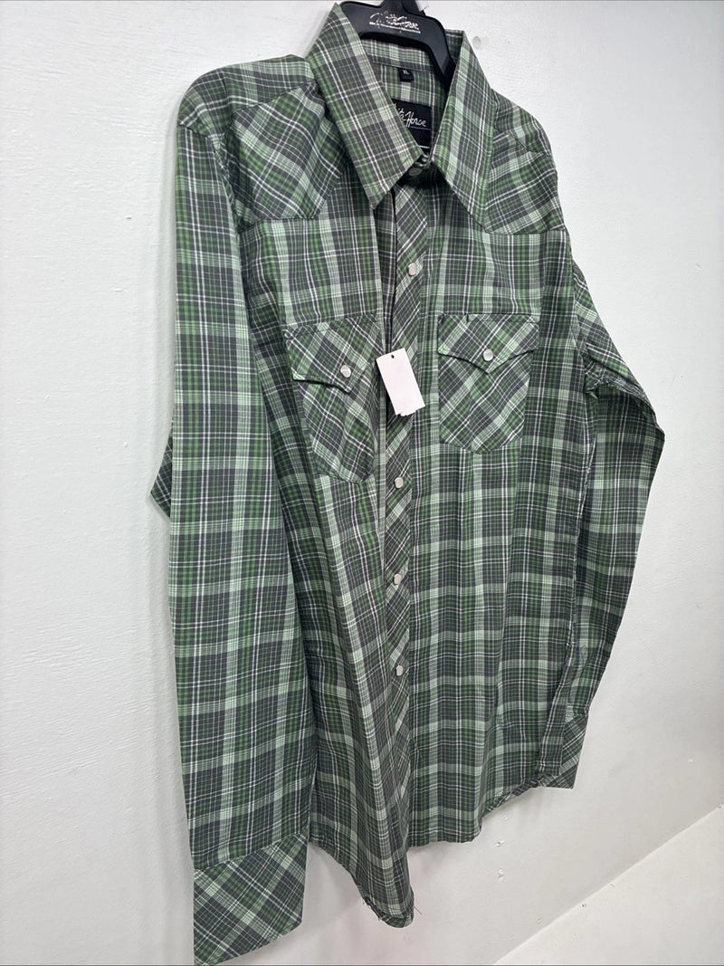 New Kids White Horse Green Plaid Long Sleeve Pearl Snap XL DD-59 