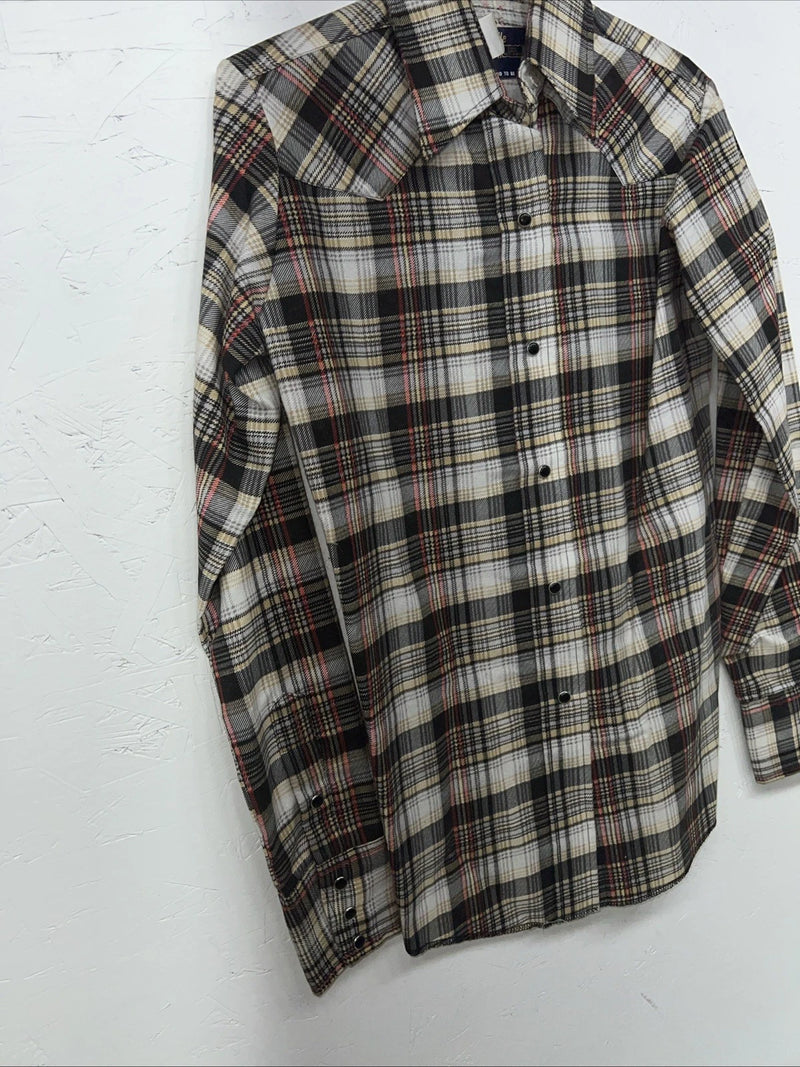 New Men’s Panhandle Slim Tan Plaid Pearl Snap Long Sleeve Shirt 10x32 Small I-27