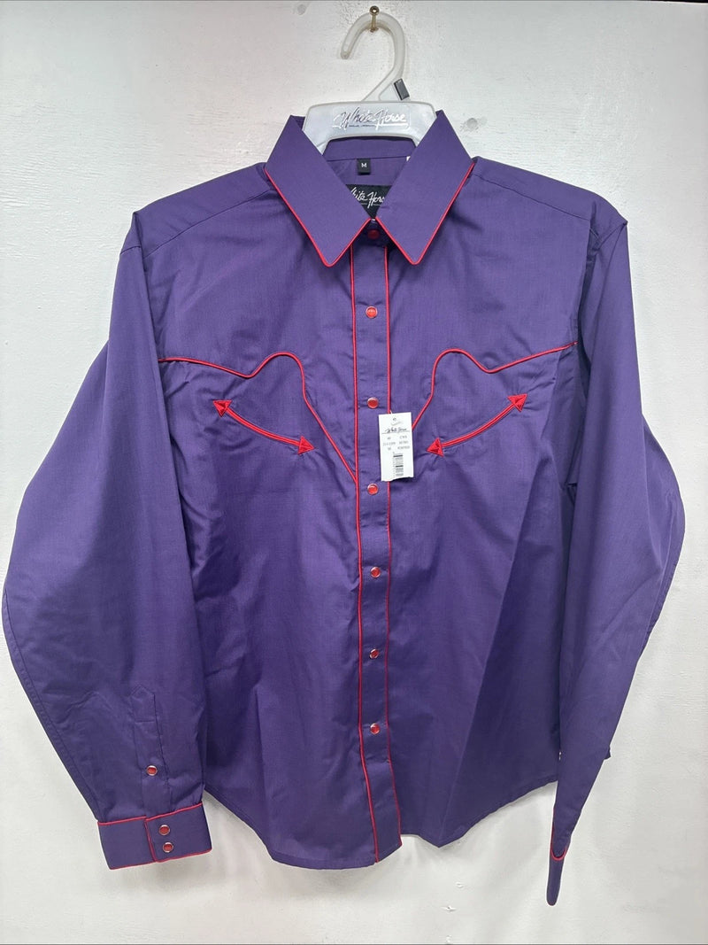 New Women’s White Horse Purple Long Sleeve Pearl Snap Medium KK-33