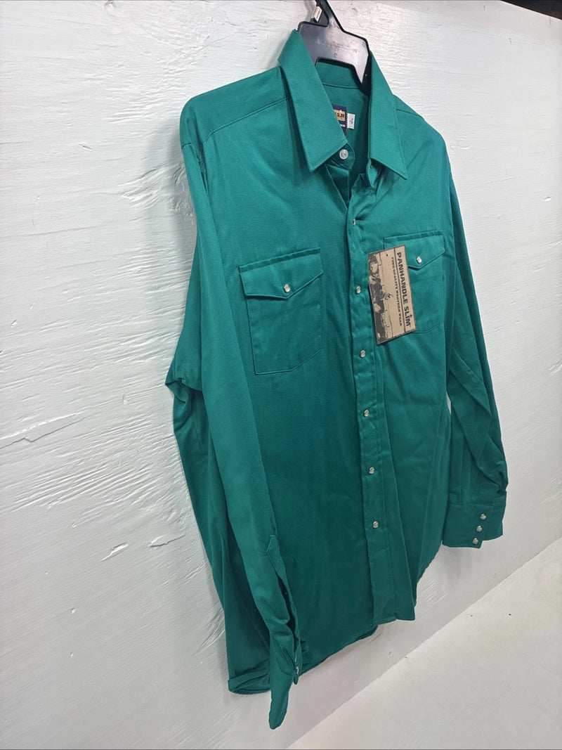 New Men’s Panhandle Slim Green Long Sleeve Pearl Snap 16.5 Large V-89