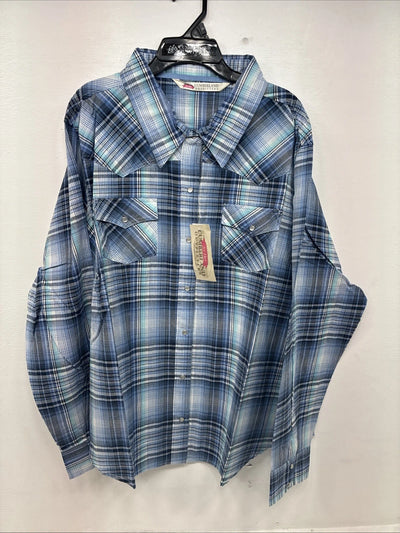 New Women’s Cumberland Blue Plaid Long Sleeve Pearl Snap 3XL GG-48