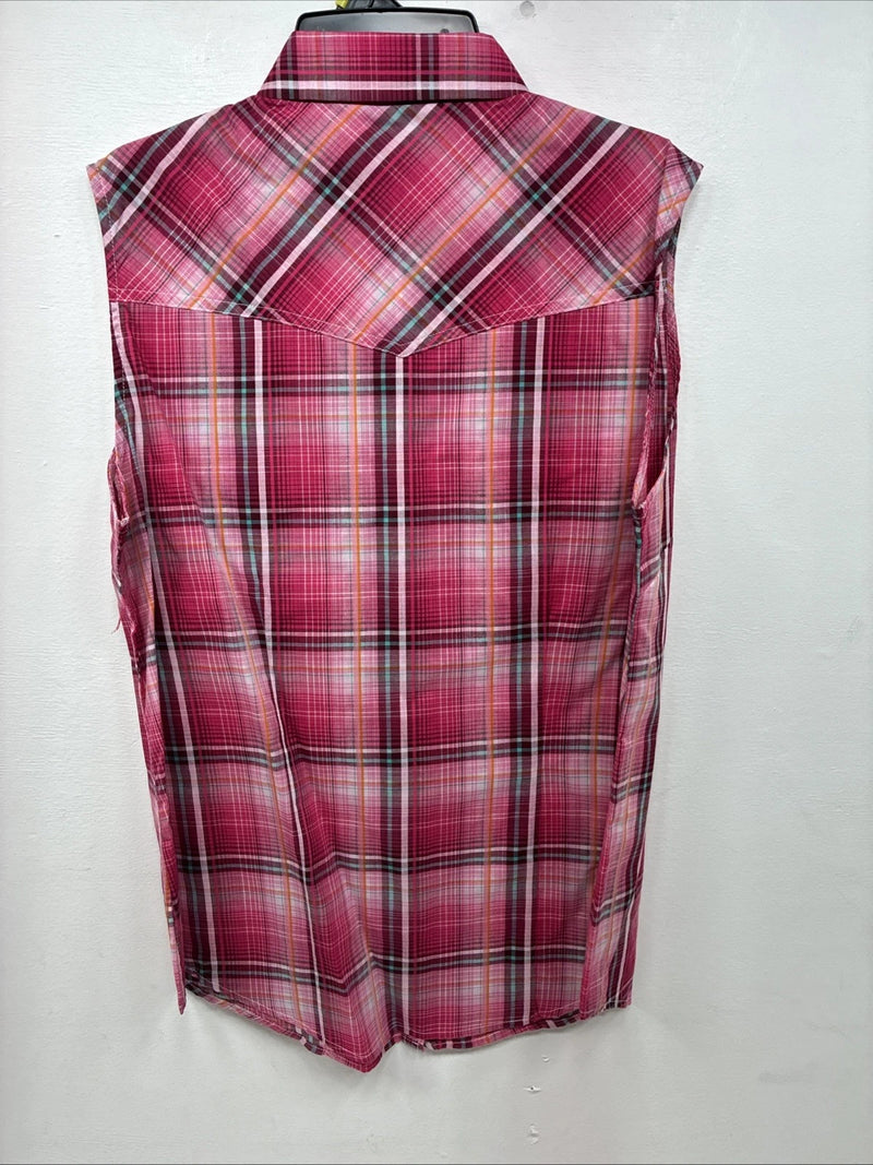 New Women’s Cumberland Pink Plaid Short Sleeve Pearl Snap Large GG-27