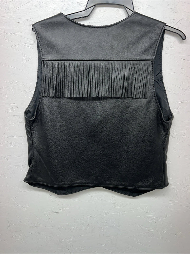 New Women’s Universal Rider Black Leather Fringe Biker Vest Large S-600