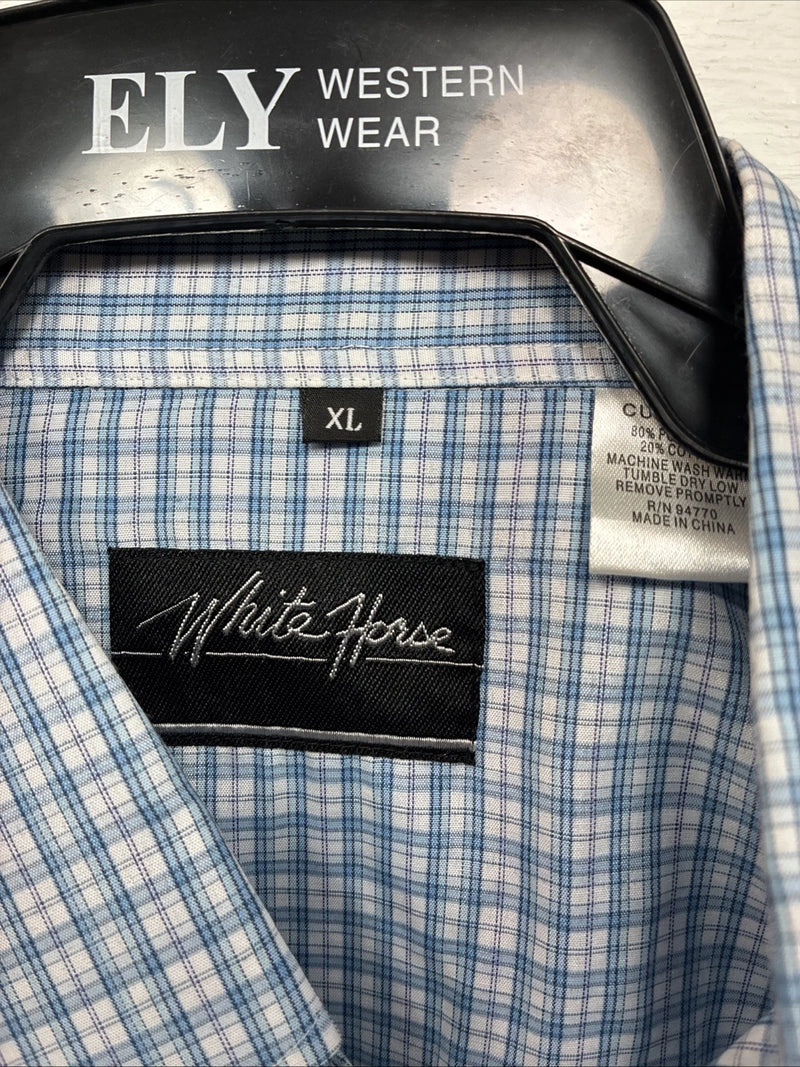 New Men’s White Horse Blue White Plaid Long Sleeve Pearl Snap XL R-71