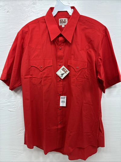New Men’s ELY Cattleman Western Red Short Sleeve Pearl Snap 17 XL V-7