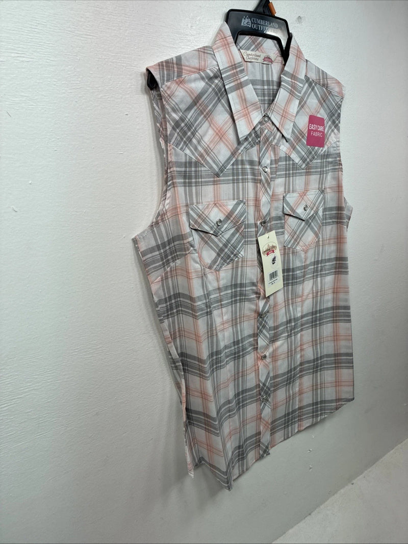 New Women’s Cumberland Gray Pink Plaid Short Sleeve Pearl Snap Medium LL-106