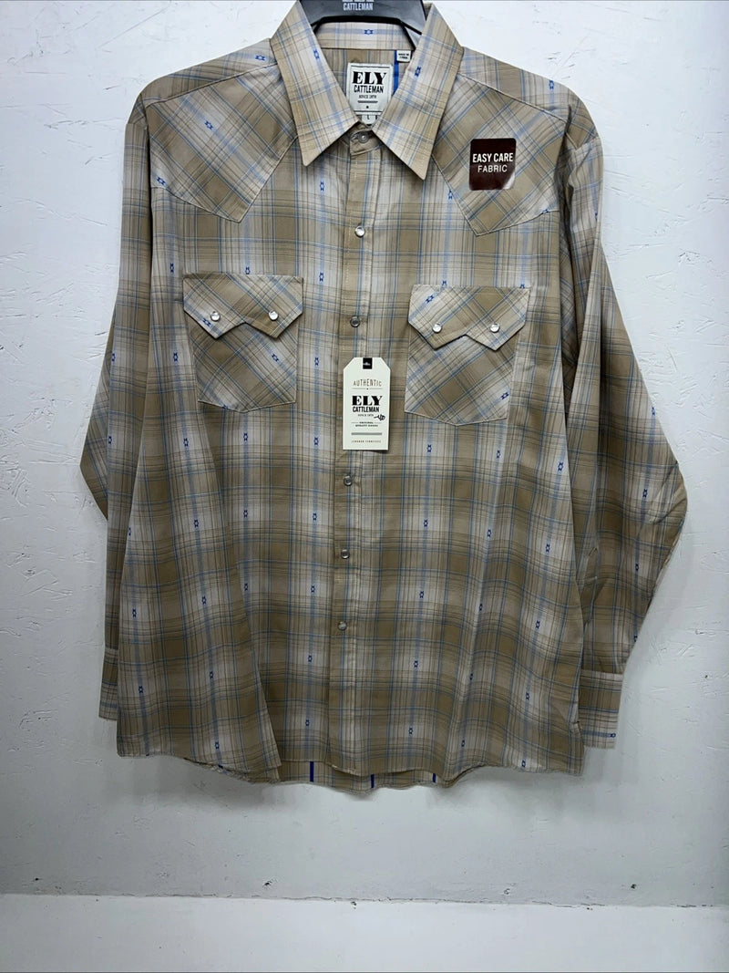 New Men’s Yellow Plaid ELY Cattleman Long Sleeve Pearl Snap Shirt. L P-53
