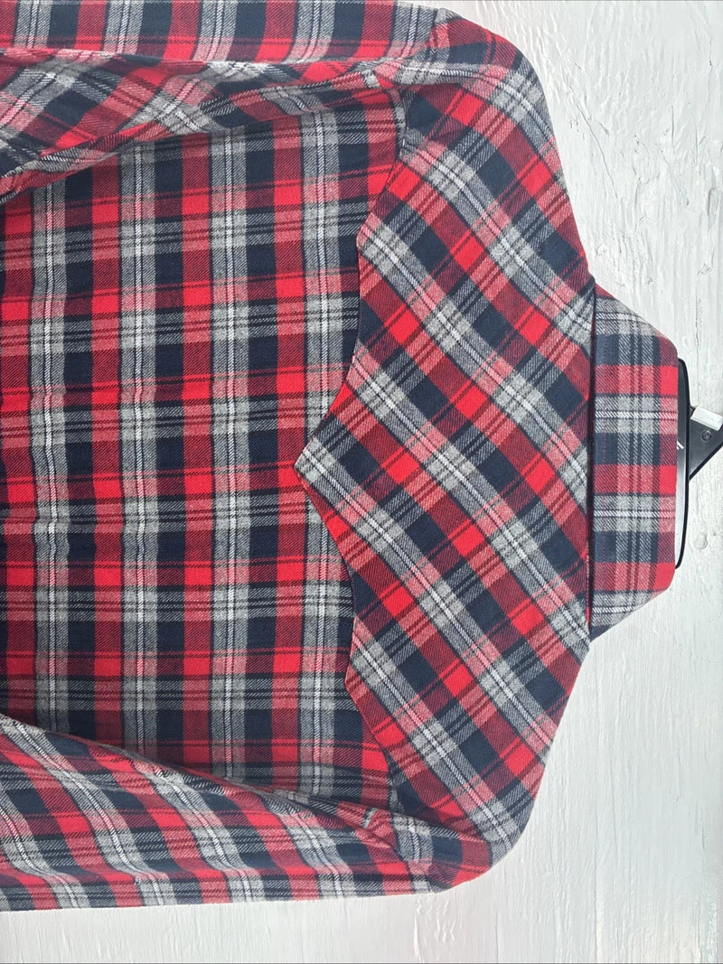 New Men’s White Horse Red Gray Plaid Long Sleeve Pearl Snap Large V-97