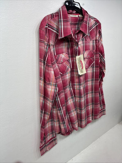 New Women’s Cumberland Pink Plaid Long Sleeve Pearl Snap Medium LL-49