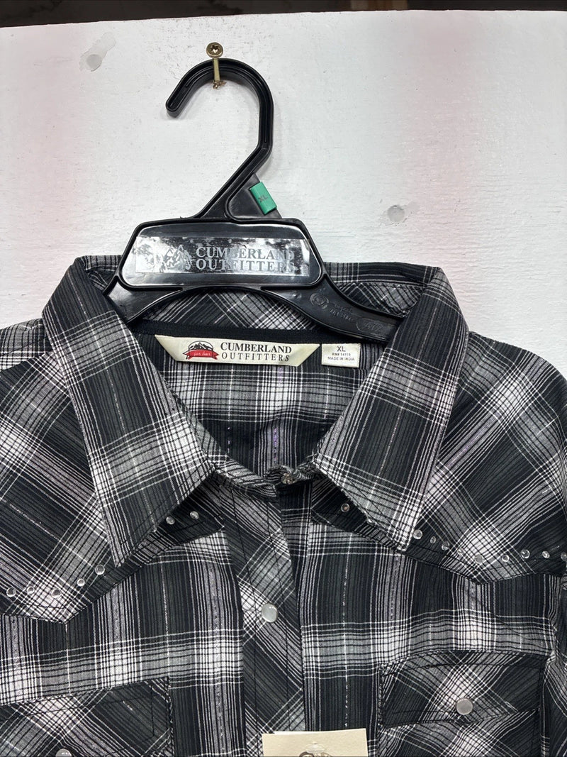 New Women’s Cumberland Black Plaid Long Sleeve Pearl Snap XL II-15