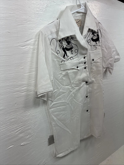 New Kids Rockmount White Black Design Short Sleeve Pearl Snap Size 34 CC-104