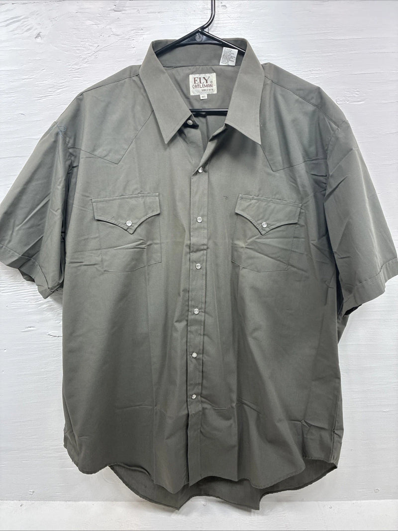 New Men’s ELY Cattleman Dark Siege Green Short Sleeve Pearl Snap 18.5 2XL M-28