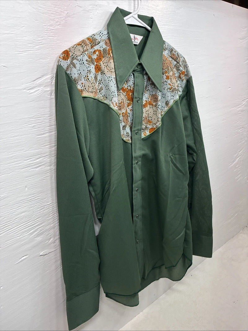New Women’s Tem Tex Green Floral Long Sleeve Pearl Snap 16 XL CC-95