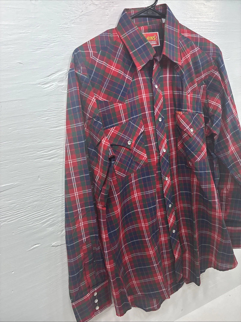 New Men’s ELY Plains Red Plaid Long Sleeve Pearl Snap 15.5 Medium T-80 