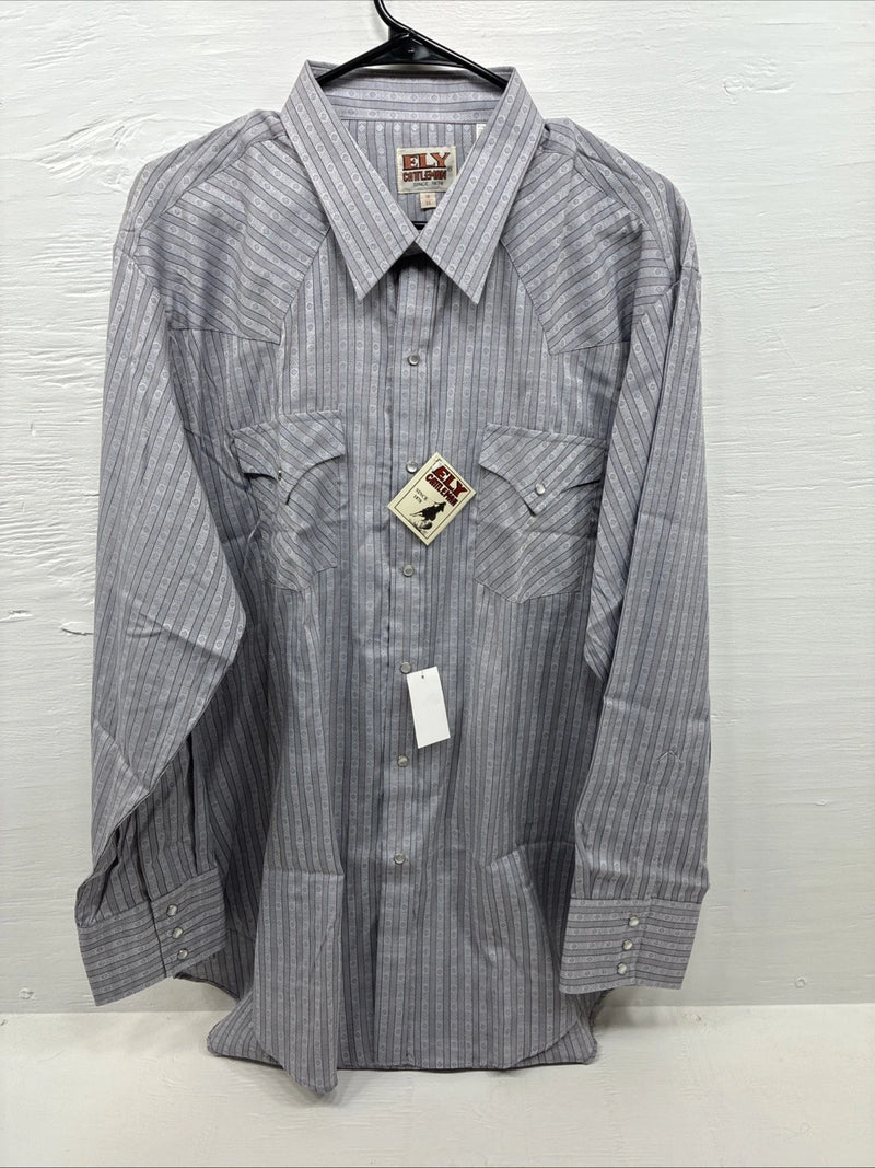 New Men’s ELY Cattleman Gray deigned Long Sleeve Pearl Snap 18 X 36 2XL F-74