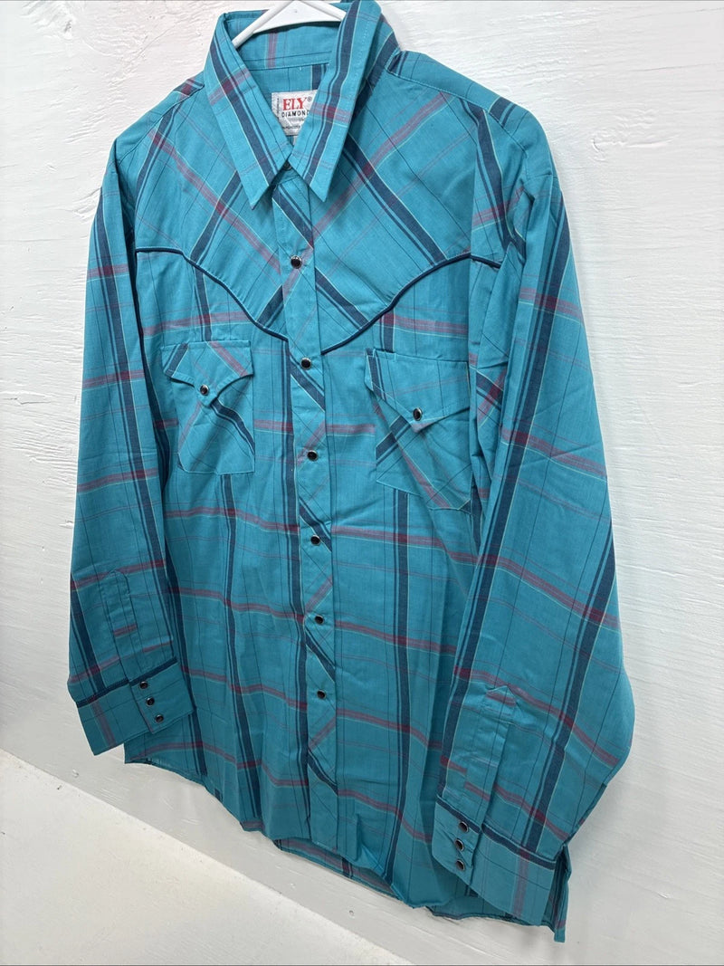 New Men’s ELY Diamond Blue Plaid Long Sleeve Pearl Snap Large X-73