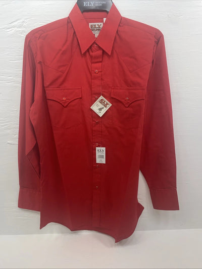 New Men’s ELY cattleman Red Long Sleeve Pearl Snap 15.5 X 34 Medium B-100