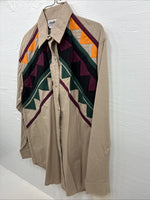 New Men’s San Angela Tan Multicolor Design Long Sleeve Button Up Medium K-74