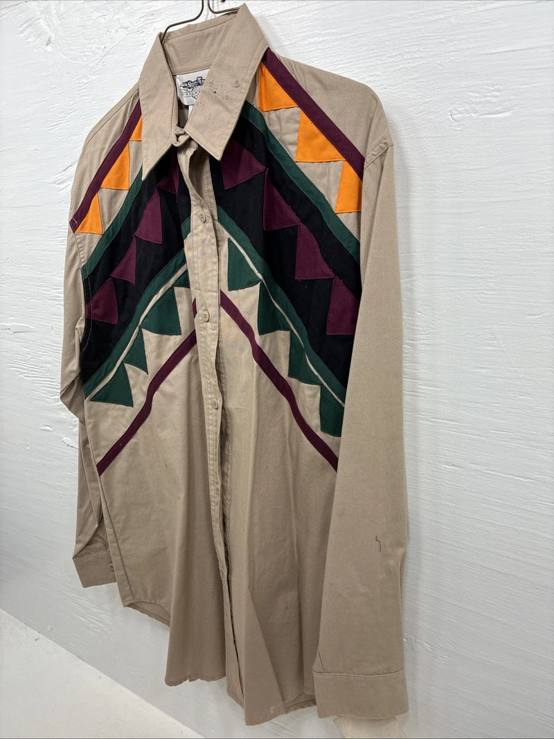 New Men’s San Angela Tan Multicolor Design Long Sleeve Button Up Medium K-74