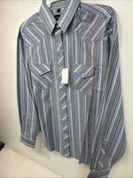 New Women’s White Horse Blue Stripe Long Sleeve Pearl Snap Large YY-124