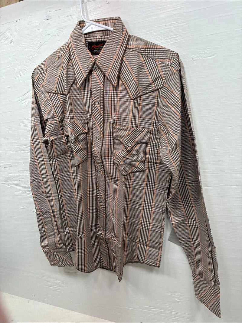 New Kids Champion Western Brown Design Long Sleeve Pearl Snap Size 16 CC-92