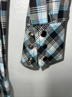 New Men’s Blue Black Plaid White House Long Sleeve Pearl Snap Shirt. Large P-46