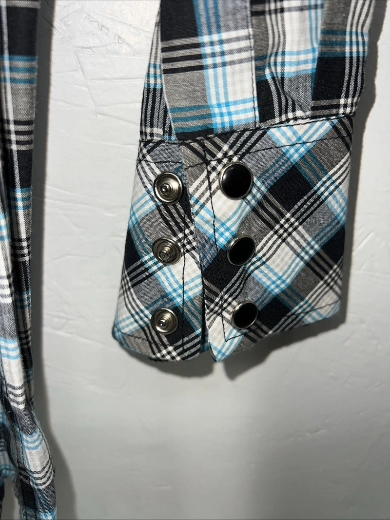 New Men’s Blue Black Plaid White House Long Sleeve Pearl Snap Shirt. Large P-46