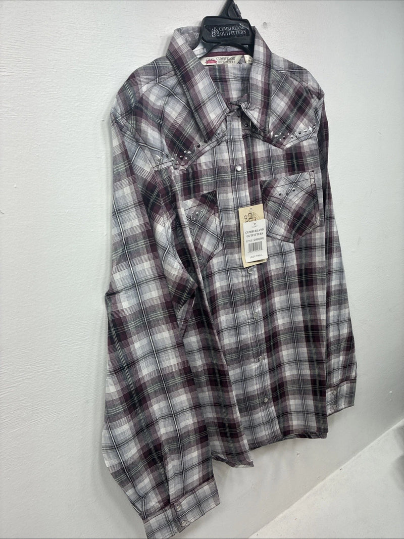 New Women’s Cumberland Purple Plaid Long Sleeve Pearl Snap Size 1X GG-10