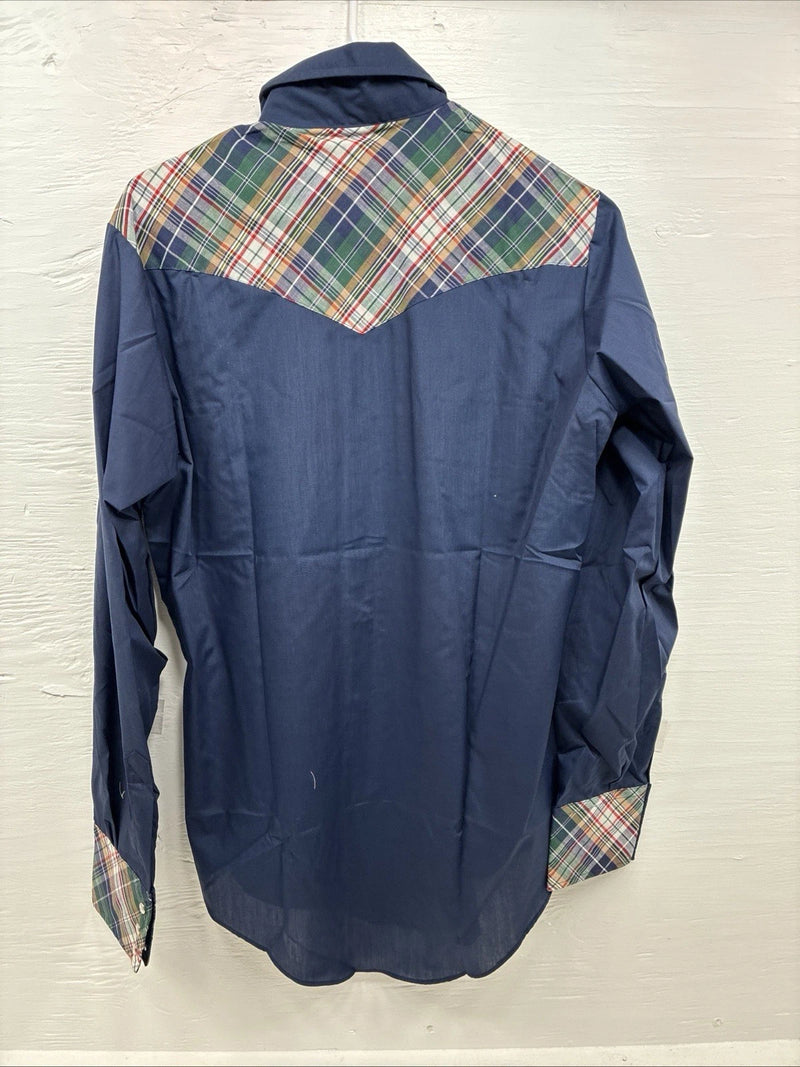 New Men’s Western Shirt Blue Plaid Long Sleeve Pearl Snap 15 X 33 Medium T-93