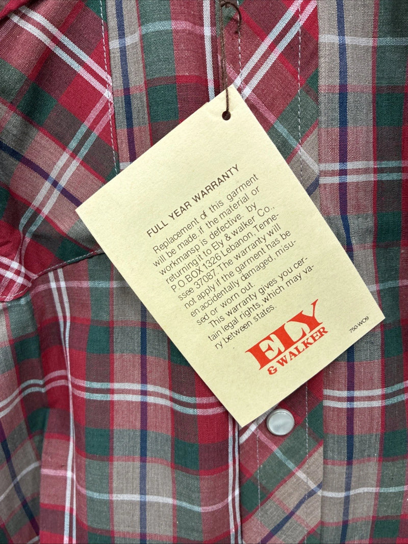 New Men’s ELY Plains Red Plaid Long Sleeve Pearl Snap 14.5 X 33 Small AA-94