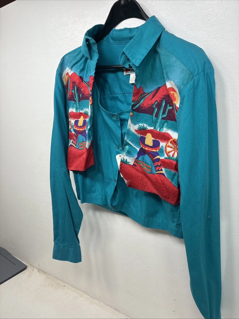 New Women’s Wrangler Blue Designed Long Sleeve Button Up Medium YY-90
