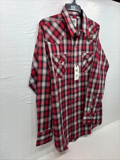 New Men’s ELY Cattleman Red Gray Plaid Long Sleeve Pearl Snap XLT T-7