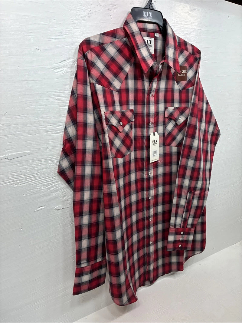 New Men’s ELY Cattleman Red Gray Plaid Long Sleeve Pearl Snap XLT T-7