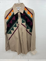 New Men’s San Angela Tan Multicolor Design Long Sleeve Button Up Medium K-74