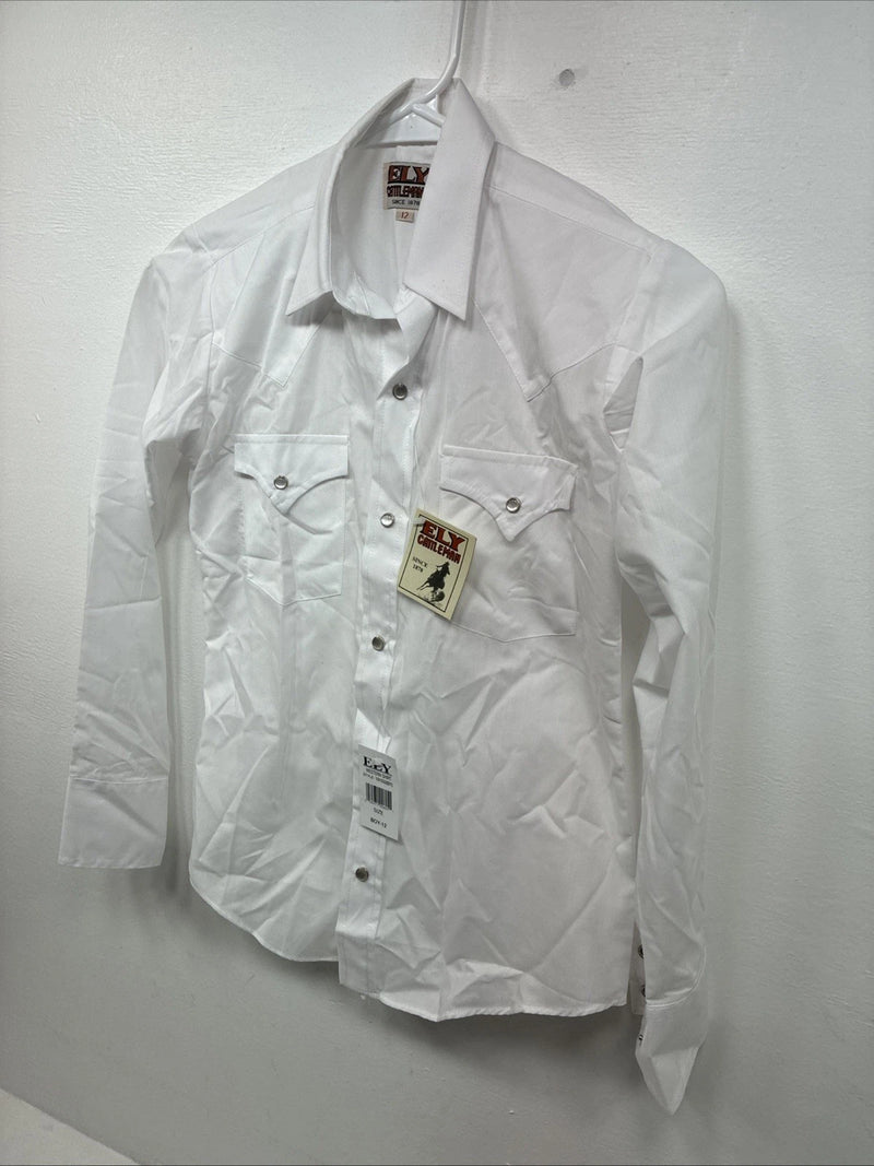 New Boys ELY Cattleman White Long Sleeve Pearl Snap Size 12 DD-110 