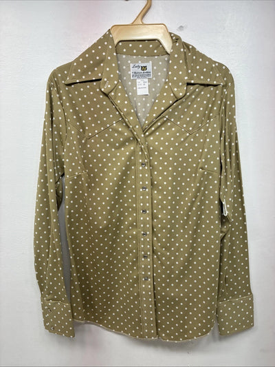 New Women’s Dickson Jenkins Tan Polkadot Long Sleeve Pearl Snap Size 34 KK-62