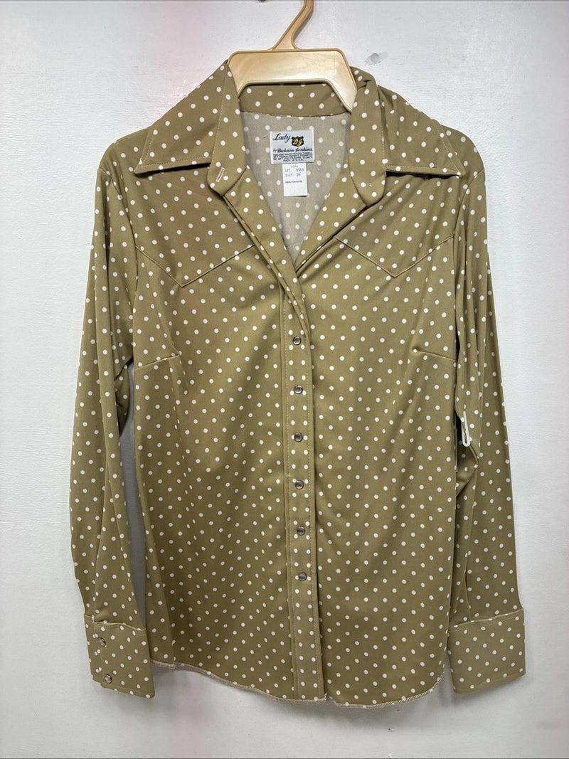 New Women’s Dickson Jenkins Tan Polkadot Long Sleeve Pearl Snap Size 34 KK-62