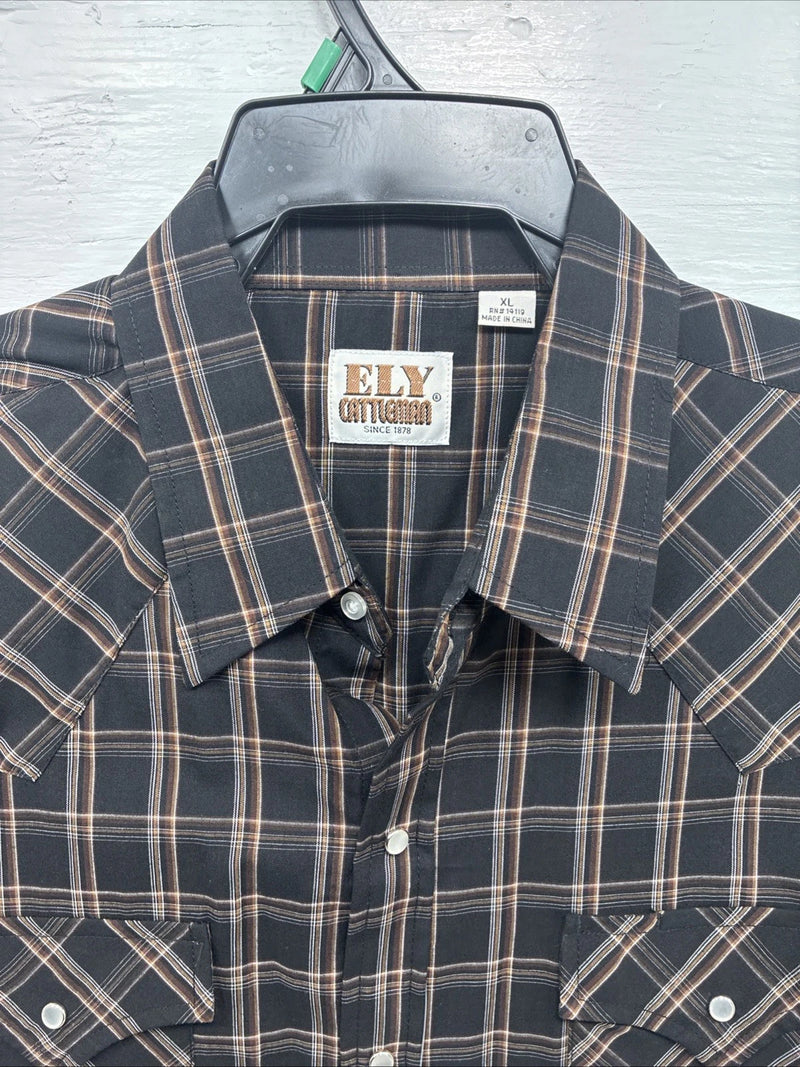 New Men’s ELY Cattleman Black Brown Plaid Short Sleeve Pearl Snap XL T-29
