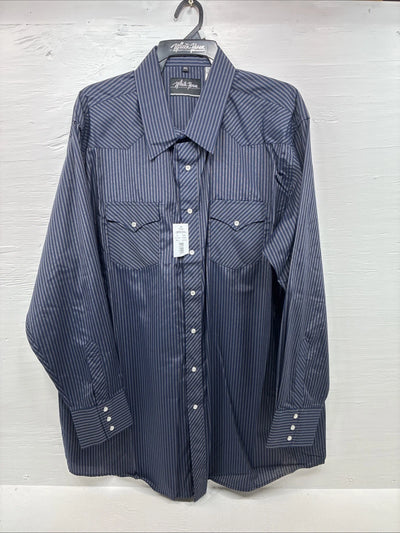 New Men’s White Horse Navy Blue Stripe Long Sleeve Pearl Snap 2XL F-96