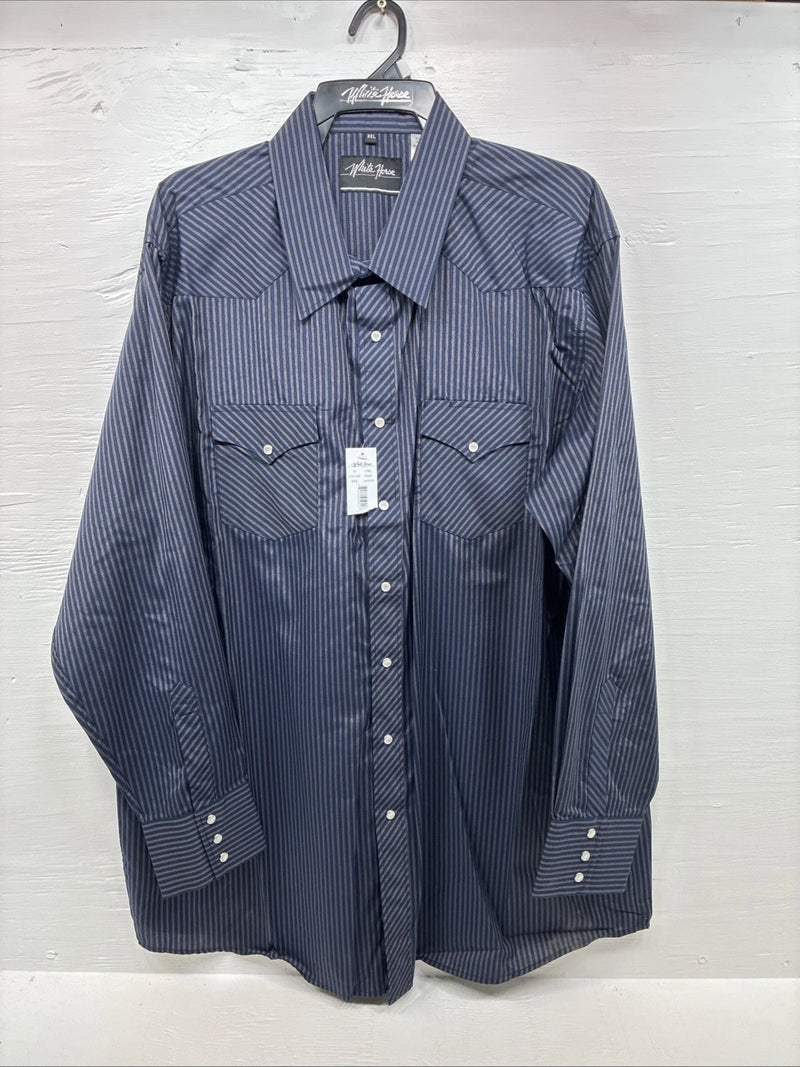 New Men’s White Horse Navy Blue Stripe Long Sleeve Pearl Snap 2XL F-96