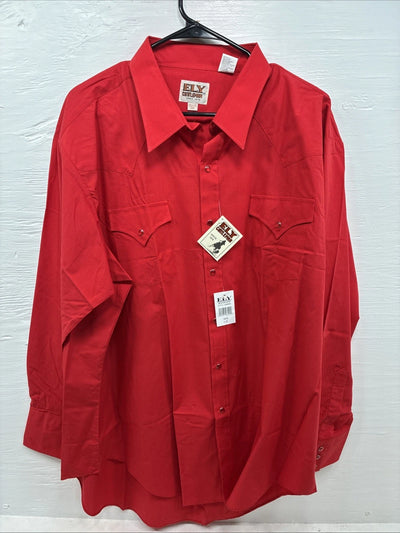 New Men’s ELY Cattleman Red Long Sleeve Pearl Snap 18.5 X 35 2XL AA-62