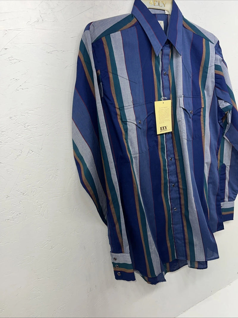 New Men’s Blue ELY Cattleman Pearl Snap Long Sleeve Shirt. 16x35 Large P-57