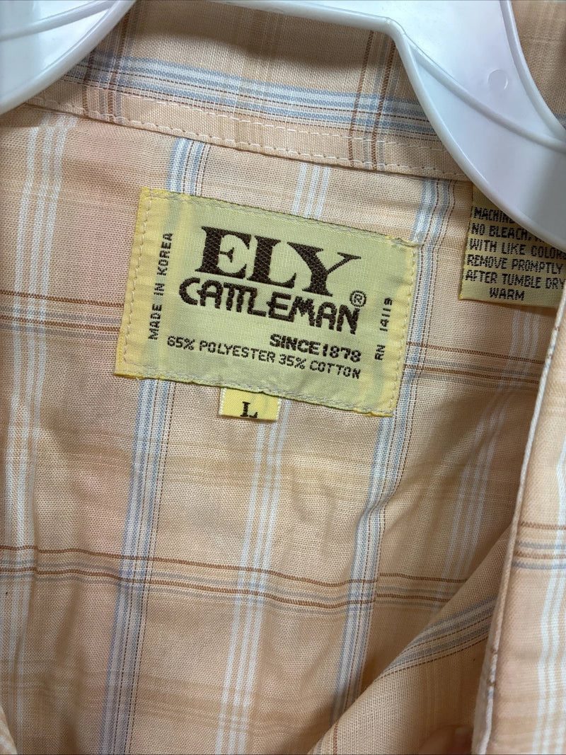 New Men’s ELY Cattleman Coral Plaid Short Sleeve Pearl Snap Large J-79