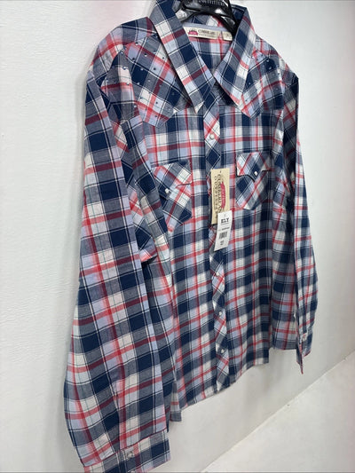 New Women’s Cumberland Blue Plaid Long Sleeve Pearl Snap 3XL GG-57