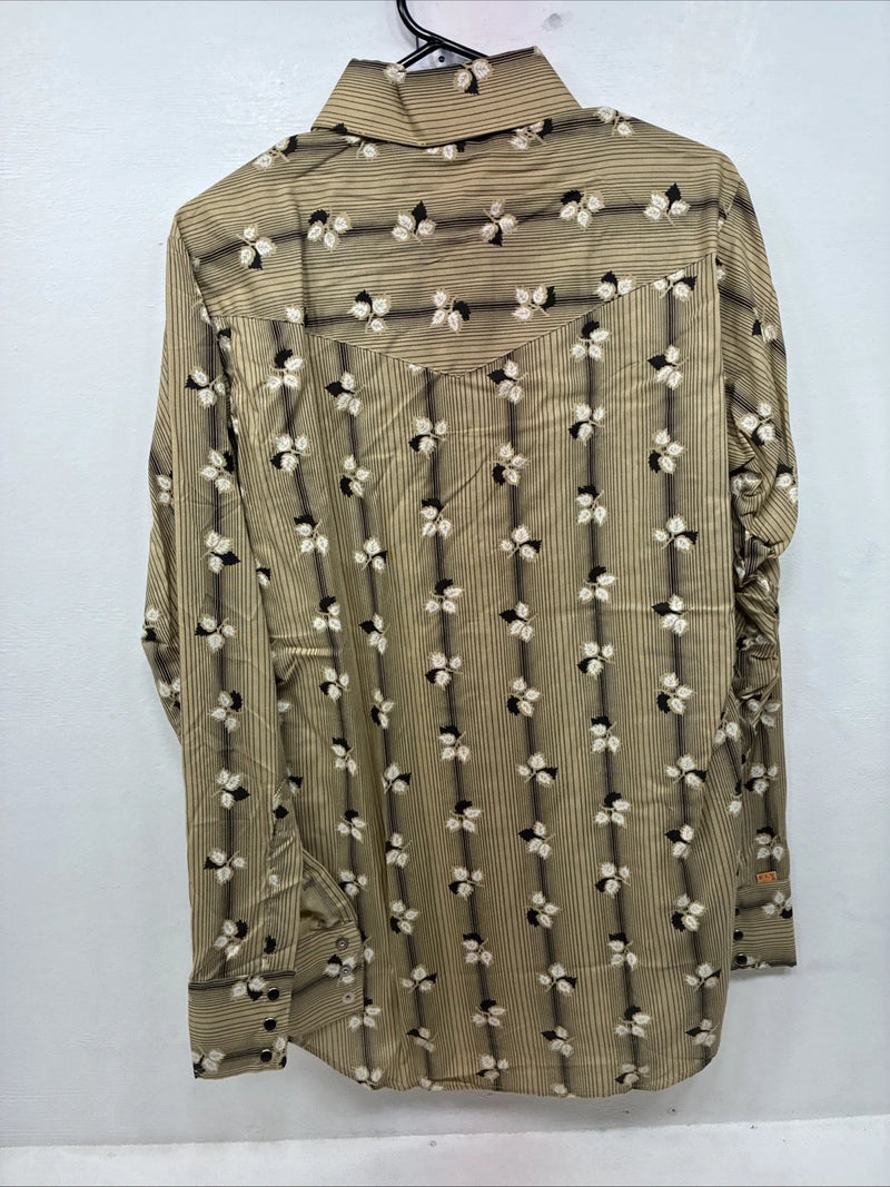 New Men’s ELY Plains Tan Black Floral Long Sleeve Pearl Snap 15.5 Large LL-91