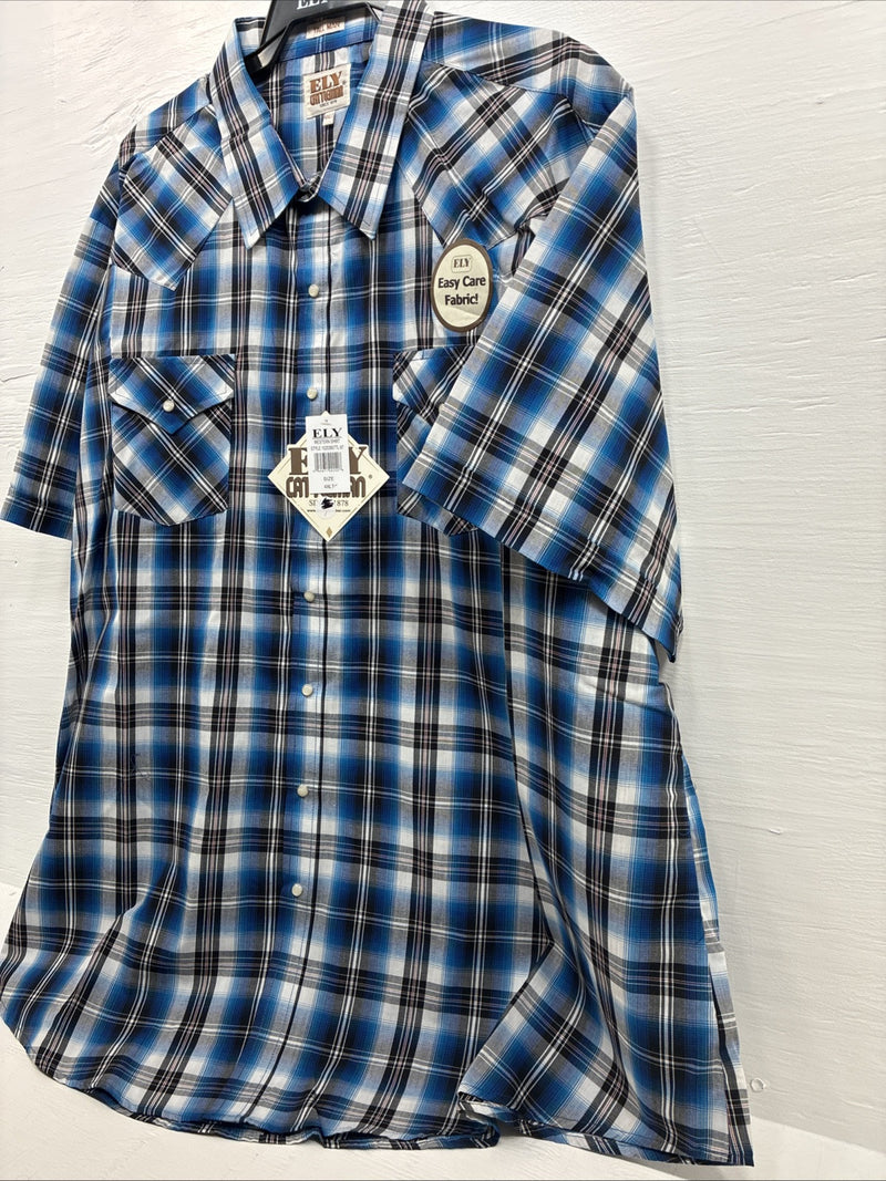 New Men’s ELY Cattleman Blue Western Flannel Short Sleeve Pearl Snap 4XL E-73