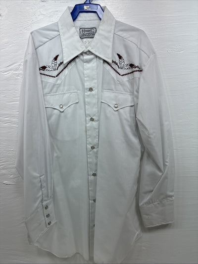New Men’s H Bar C White Embroidered Long Sleeve Pearl Snap 15.5 Medium K-58