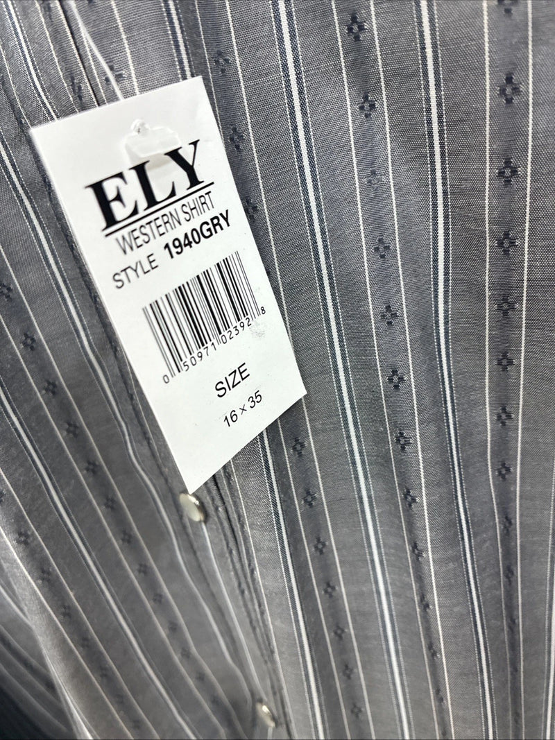 New Men’s ELY Cattleman Gray White Design Long Sleeve Pearl Snap 16 Large X-19